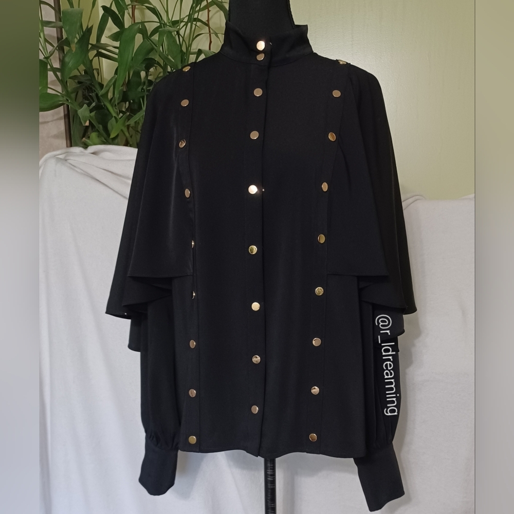 NWT Karen Millen Studded Crepe Cape Sleeve Woven Blouse Size 10 In Black